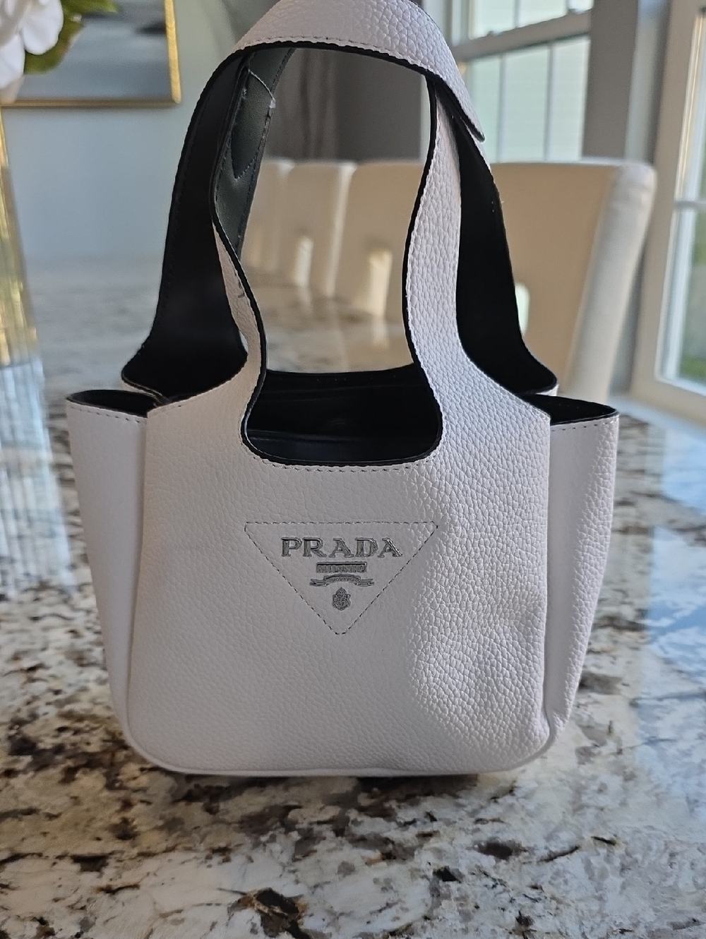 Prada White Pebbled Leather Mini Tote with Black Interior Trim